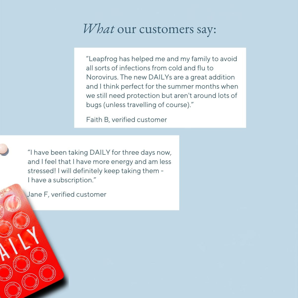 Leapfrog DAILY Lactoferrin supplement five star customer reviews for energy and avoiding colds and flu